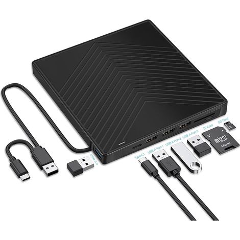 Externes CD/DVD-Lesegerät und ultraflacher CD-Brenner (USB 3.0-Schnittstelle), ausgestattet mit 4 USB-Anschlüssen und 2 TF/SD-Kartensteckplätzen kompatibel mit Laptops, Macs, PCs (Windows 11/10/8/7) u