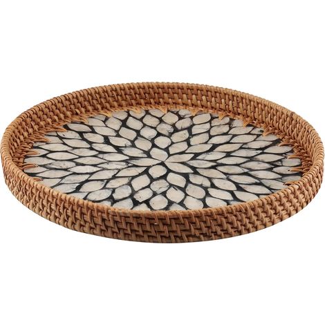 1 Plateau Décoratif Rond 30cm, Rotin Tressé Design Boho, Surface Mosaïque Noire Et Blanche, Pour Salon Cuisine (1/5)