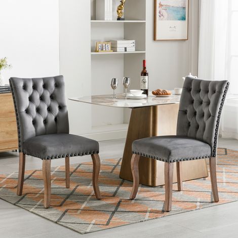 Sillas de comedor en gris de terciopelo con patas de madera maciza y detalles de cobre,49x63x95cm (1/5)