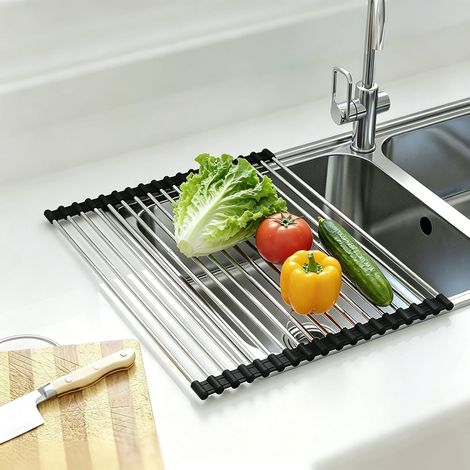 Panier égouttoir extensible et pliable 50 x 35 cm en inox, 18 tubes, noir pour évier de cuisine (1/5)