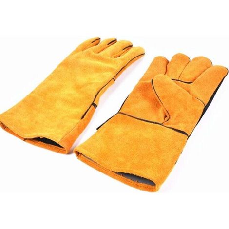 Pair of Heat Resistant Wear Resistant Welding Gloves Yellow Leather Lined Wood Stove BBQ Grill Gardening Gloves for Men MUMU