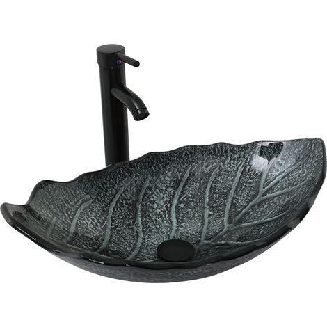 Puluomis – Vasque à poser en verre trempé 62x42x21cm – Forme de feuille – Drainage rapide – Design moderne et élégant – Pour salle de bain et cuisine