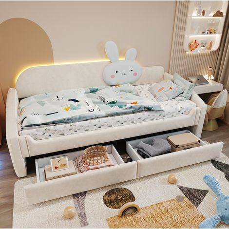 Letto divano per bambini 90x200 cm beige in velluto con 2 cassetti e illuminazione LED (1/5)