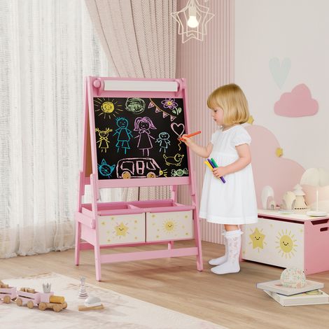 Caballete infantil 3 en 1 con pizarra, pizarrón blanco, rollo de papel y 2 cajas de almacenamiento, para niños de 3 a 8 años, color rosa. (1/5)