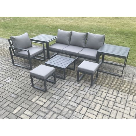 Fimous Aluminium Outdoor Garden Furniture Set Patio Lounge Sofa Chair Set with Square Coffee Table 2 Side Tables 2 Small Footstools Conservatory Set Dark Grey (1/5)