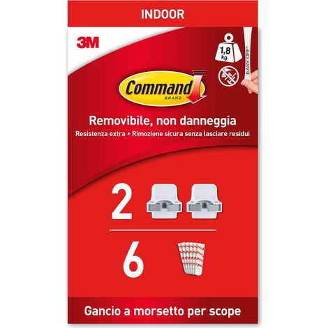 Command Gancio Porta Scopa da parete, 2 Ganci e 6 Strisce Adesive - ottimi per Appendere Scope e Spazzole senza Forature o Danneggiare il Muro (1/5)