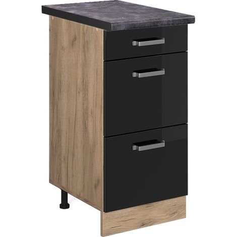 Meuble cuisine R-Line, Noir Haute brillance, 40 cm avec tiroirs, PT Anthracite, Vicco