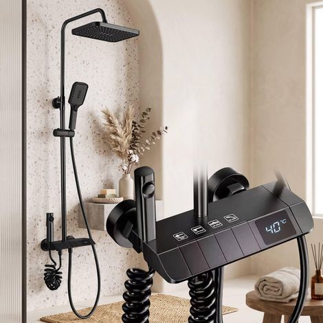 Colonne de douche avec robinet thermostatique, 4 modes, indication de la température de l'eau, colonne de douche avec pommeau supérieur 275 x 185 mm, colonne de salle de bain multifonction (1/5)
