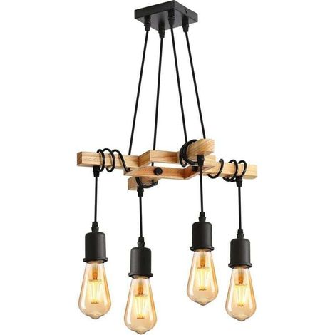 Industrielle Pendelleuchte, Holz-Kronleuchter E27, Vintage-Deckenleuchte in Schwarz, höhenverstellbar für Wohnzimmer, Küche, Schlafzimmer, 4 Leuchtmittel NICHT ENTHALTEN (1/5)