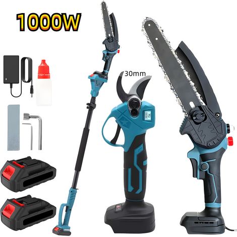Tronçonneuse élagueuse sur perche, Pack Tronçonneuse Sécateur, 2 Batteries, 30mm, Écran LCD, 1000w, télescopique 3 positions (1/5)