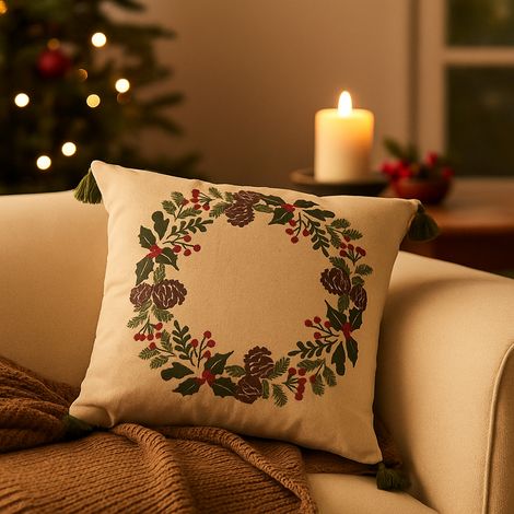 EDG Enzo De Gasperi Cuscino Natalizio Corona Quadrato 45x45 cm Bianco – Cuscino Decorativo di Natale (1/4)