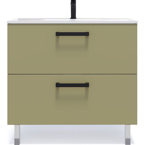 Meuble de salle de bain suspendu avec pieds vasque intégrée 90cm 2 tiroirs Vert olive - Chelsea (1/5)