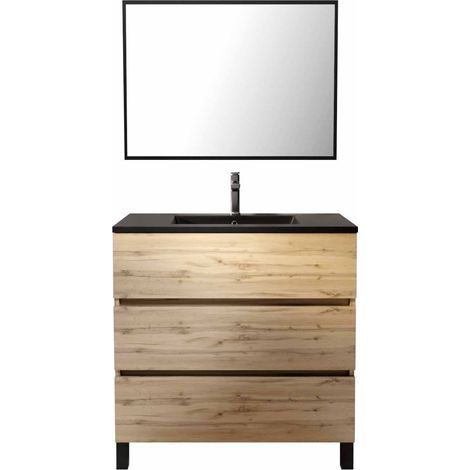 meuble salle de bains 80cm décor chene naturel 3 tiroirs - vasque noire et miroir - timber — vue 3
