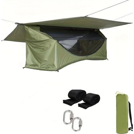 Hamaca de exterior para ocio (incluye hamaca con mosquitera, correas, mosquetón y toldo), color verde militar. (1/5)