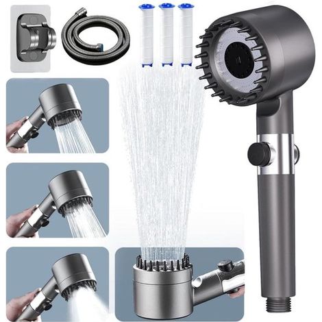 Cabezal de ducha ahorrador de agua, Cabezal de ducha antical, Incluye manguera de ducha de 1,5 m y soporte para ducha, Color gris (1/5)