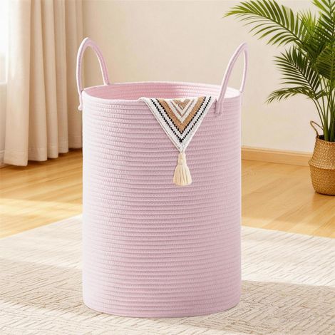 Geflochtener Wäschekorb 58L mit Baumwollhenkel, Rosa, für Kinderzimmer & Wohnzimmer (1/5)