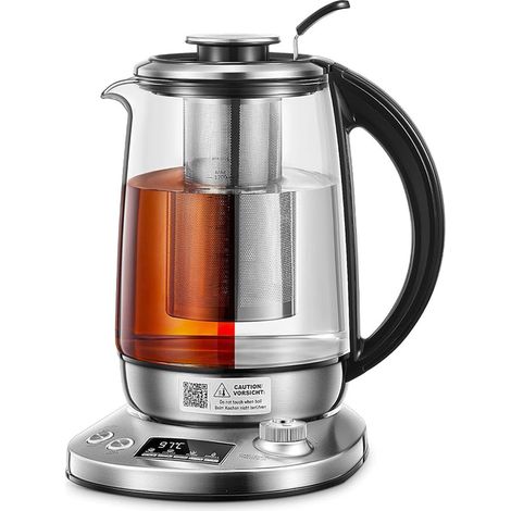 Electric Kettle 9 Temperature Settings Glass Kettle 2200W 2H Keep Warm 1.7 L Removable Infuser LCD Screen Borosilicate Glass Stainless Steel Silver (1/5)