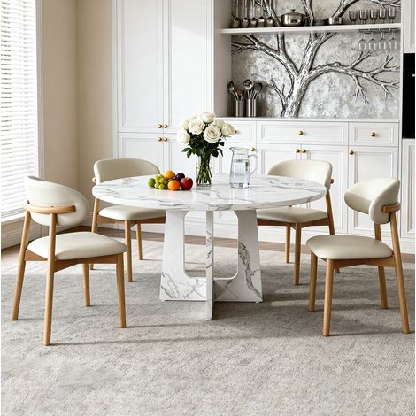 Ensemble table chaises rond, table Ø 120 cm effet marbre blanc, 4 chaises à pieds en chêne (1/5)
