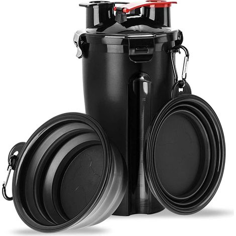 Gourde portable pour chien avec 2 gamelles pliables, 1 gourde et 1 gamelle pour chat, gourde de voyage pour les promenades, l'exercice, la randonnée et le camping (noir) (1/4)