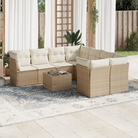 Ensemble de canapé de jardin 9 pièces avec coussins, en polyrotin beige (1/3)