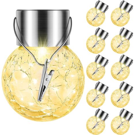 Set mit 10 hängenden Solarleuchten für den Außenbereich, dekorative Glaskugeln mit Rissmuster, wasserdichte Solarleuchten mit Griff für Garten, Hof, Terrasse, Baum, Weihnachtsdekoration