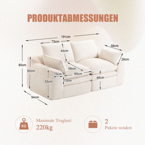 Canapé 2 places modulable velours côtelé beige – coussins inclus, 2 pochettes latérales asymétriques, mousse 3 couches + ressorts à rebond rapide. Parfait pour salon, bureau.