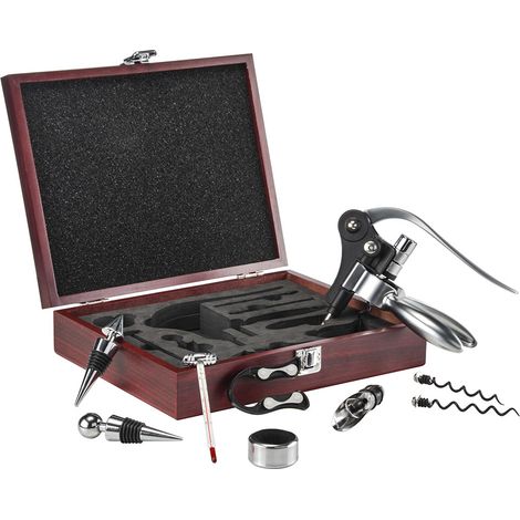 Set sommelier Vino Set vino Accessori Accessori vino Set regalo, 10 pezzi Scatola in legno Cavatappi Aiuto per versare Collare Tappo per bottiglia Termometro per vino, L 27 cm