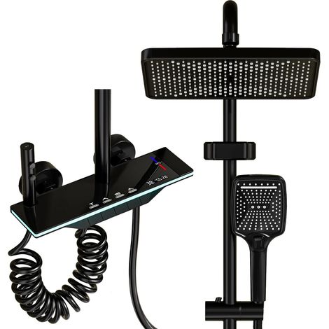 Digital Rainfall Shower System Set with LED Temperature Display - Thermostatic Mixer Faucet for Bathtub & Shower, Hot & Cold Wat, Black