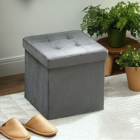 Pouf pliable avec rangement, rembourrage en mousse, MDF, gris (1/5)