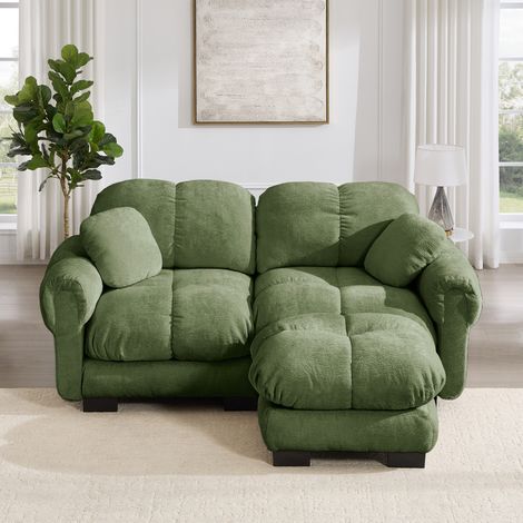 Divano angolare modulare a 2 posti con pouf mobile, cuscini trapuntati spessi, ciniglia verde (1/5)