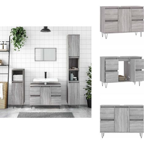Badschrank Grau Sonoma 80x33x60 cm Holzwerkstoff - Badeschrank - Badmöbel - Grau Sonoma - Holzwerkstoff - Eisenfuß (1/5)