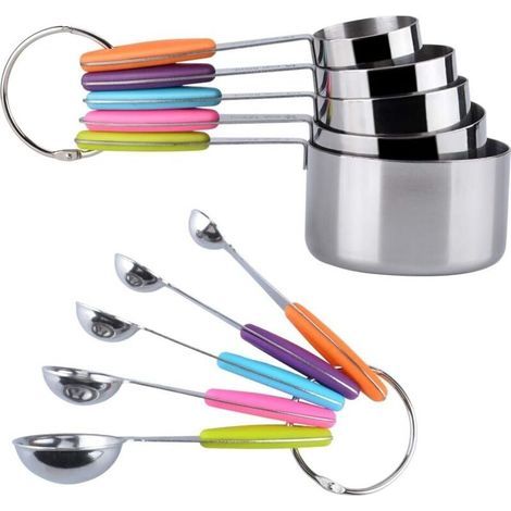 Tazas y cucharas medidoras: juego de 10 piezas de acero inoxidable con mangos de silicona (5 cucharas medidoras + 5 tazas medidoras). (1/3)
