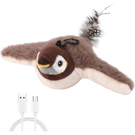 Fliegender Vogel Katzenspielzeug, realistischer elektrischer Vogel mit Flügelschlägen und Geräuschen, interaktives Jagdspielzeug für Wohnungskatzen, gegen Langeweile (Braun)