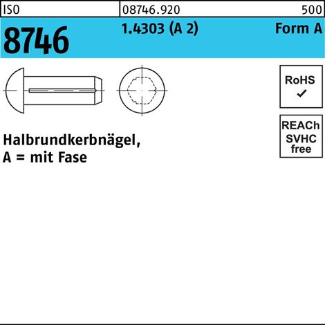 Clou à tête demi-ronde ISO 8746 chanfreiné 1,6x 6 1.4303 (A 2) 100 pièces