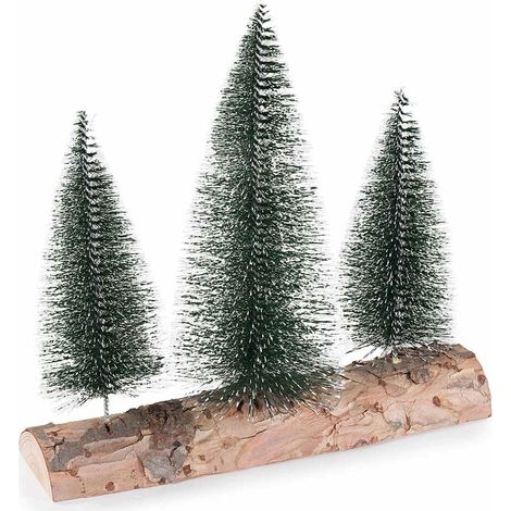 Decorazione natalizia a tronchetto in legno con 3 abeti artificiali innevati, set da 4 pezzi, cm 25 x 8,5 x 24 H