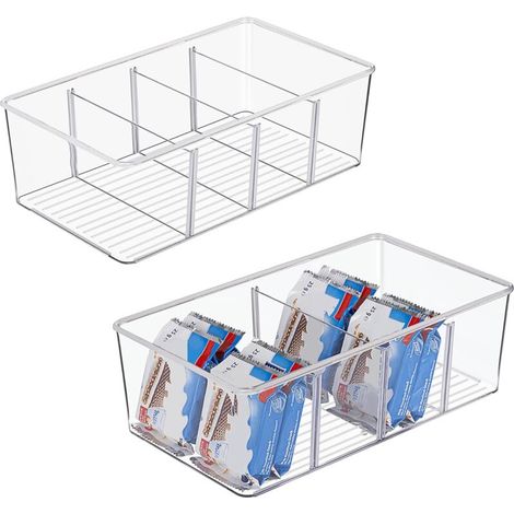 Longziming – Boite de rangement frigo – Lot de 2 bacs empilables transparents – 4 compartiments pour collations et épices – Dimensions 26,4 x 15,5 x 8,9 cm (1/5)