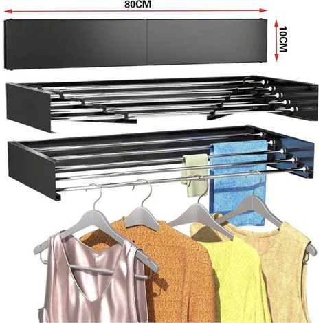 Étendoir à linge mural pliable, étendoir rétractable de 80 cm pour une utilisation intérieure ou extérieure, étendoir compact et peu encombrant, capacité de 30 kg, étendoir avec 5 barres en aluminium (1/5)
