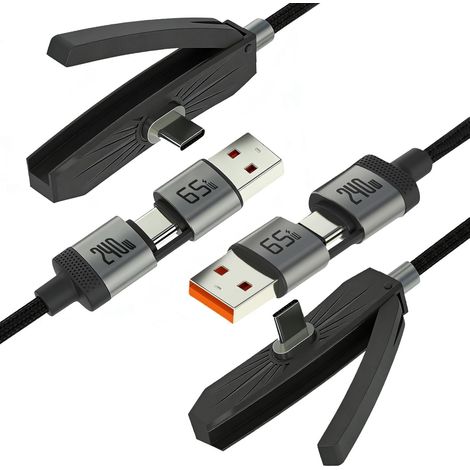 2er-Pack 3-in-1 Schnellladekabel mit unsichtbarem Ständer, 2 m Kabel 240 W/60 W mit 90°-Seitenstecker, Smartphone-Ständer für Telefon, Tablet und Computer (B-C+CC) (1/5)