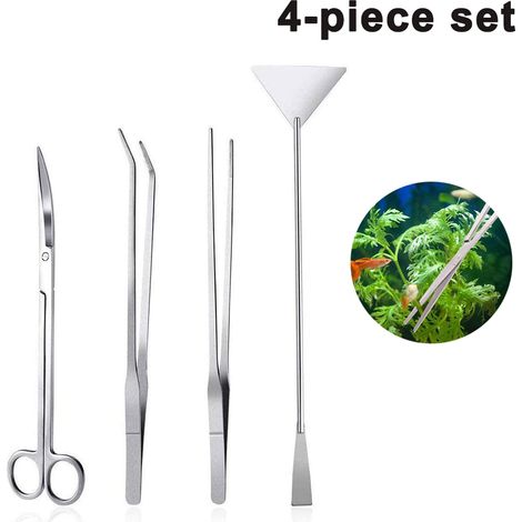 Pince à épiler, ciseaux, spatule, grattoir pour plantes aquatiques, outil 4 en 1 en acier inoxydable pour kits de démarrage de poissons et aquariums. Kit de plantes pour aquarium. (1/5)
