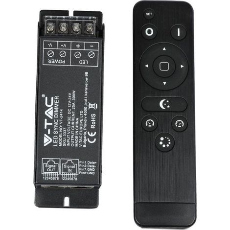 V-TAC LED-Streifen-Dimmer-Controller + RF-Fernbedienung, 1 Kanal, RJ45, 12-24 V, 300 W
