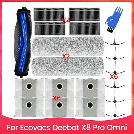 Pour aspirateur robot Ecovacs Deebot X8 Pro Omni : 1 brosse principale, 2 rouleaux de nettoyage, 4 filtres HEPA, 6 sacs à poussière, 6 brosses latérales (1/5)