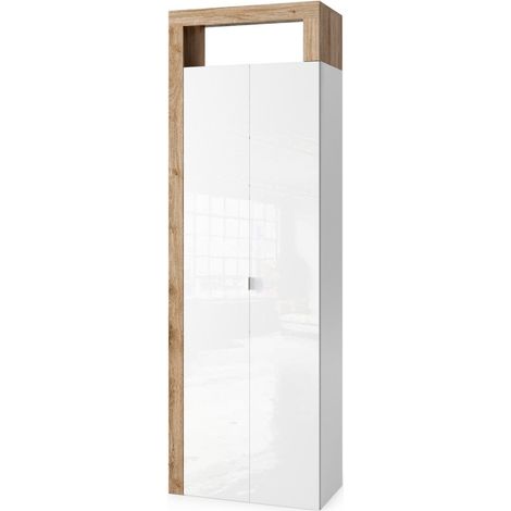 Armadio da bagno, 2 porte, collezione BURA. Colore bianco lucido laccato e rovere chiaro