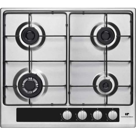 Continental Edison – Plaque de cuisson gaz 4 foyers – 1 triple couronne inox – Surface en acier inoxydable – Dimensions 58 x 51,5 x 4,2 cm (1/4)