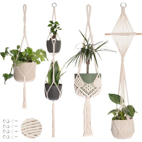 4er-Set Makramee-Hängekörbe mit Haken im Boho-Stil – Hängepflanzen für drinnen, Balkon, Wohnzimmer, Fenster (1/5)