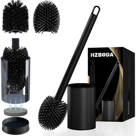 Brosse Toilettes WC Silicone Noir avec Support à Séchage Rapide en Acier Inoxydable Incluant 2 Têtes De Brosse Balai Toilette WC Silicone (1/5)