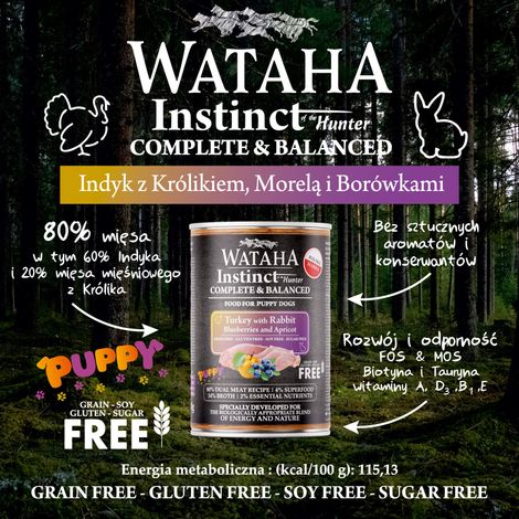 Wataha Instinct 80% tacchino per cuccioli con coniglio, albicocca e mirtillo 400 g (1/2)