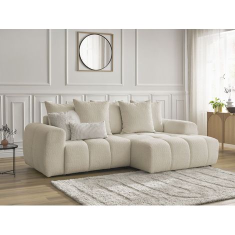 Bobochic – Canapé d'angle convertible 3 places – Tissu bouclette beige – Coffre de rangement – Longueur 258cm – Largeur 150cm – Design moderne (1/5)