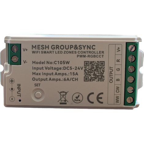 Centralina Controller Per Striscia Led RGBCCT WIFI 2.4G, RF 2.4G TUYA, Smart Life Max 15A Tot. (6A/CH) DC5-24V 360W 5 Canali RGBCCT CLC105R Bianco