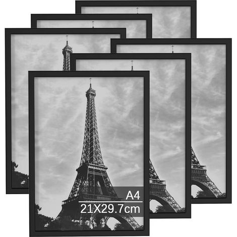 Lot de 6 cadres photo DIN A4 en bois (21x29.7 cm) - Dessins d'enfants - Format A4 - Pour photos, images, affiches, noirs (1/5)