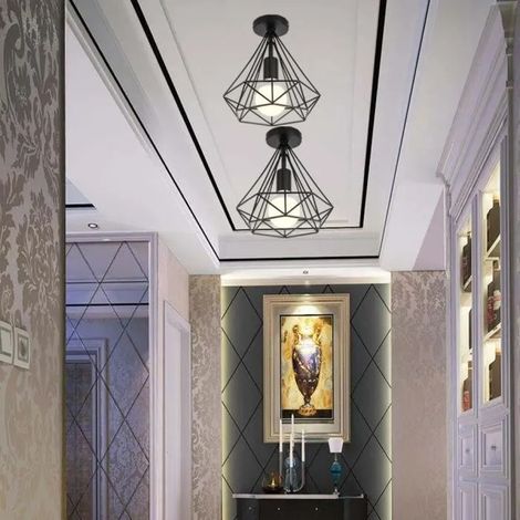 U-do Lot de 2 Plafonnier Industrielle Cage forme Diamant en Métal Fer Luminaire Noir (1/4)